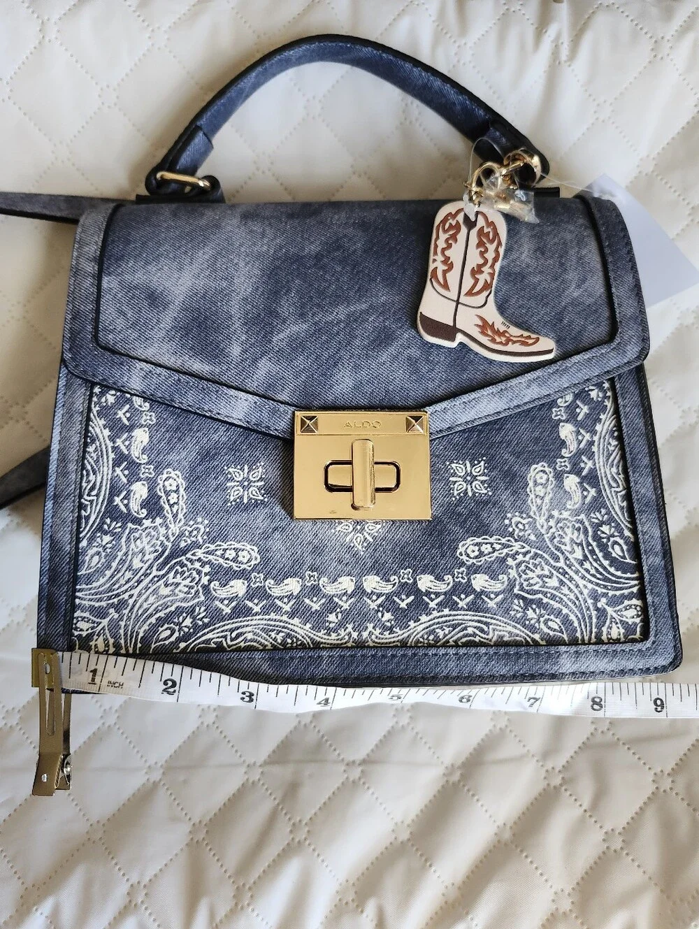 ALDO Pattern Blue Top-Handle Satchel with Gold Hardware